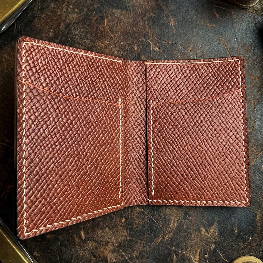 Brown leather wallet on a rustic wooden surface with tools.
