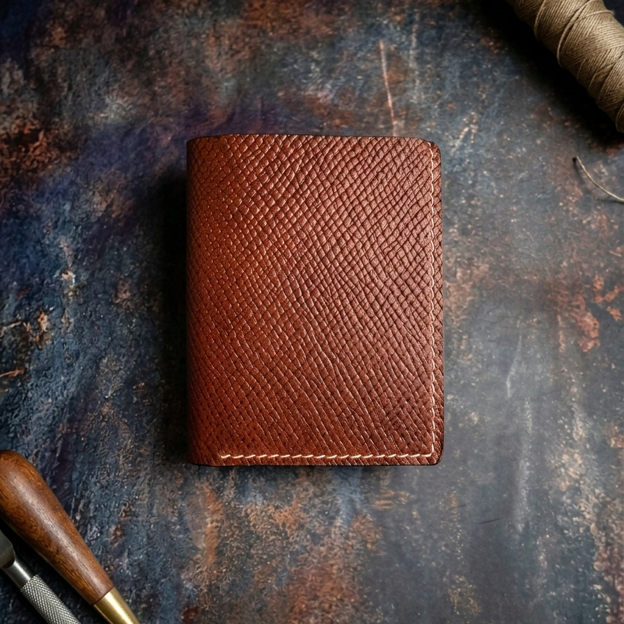 Brown leather wallet on a textured dark surface with tools.