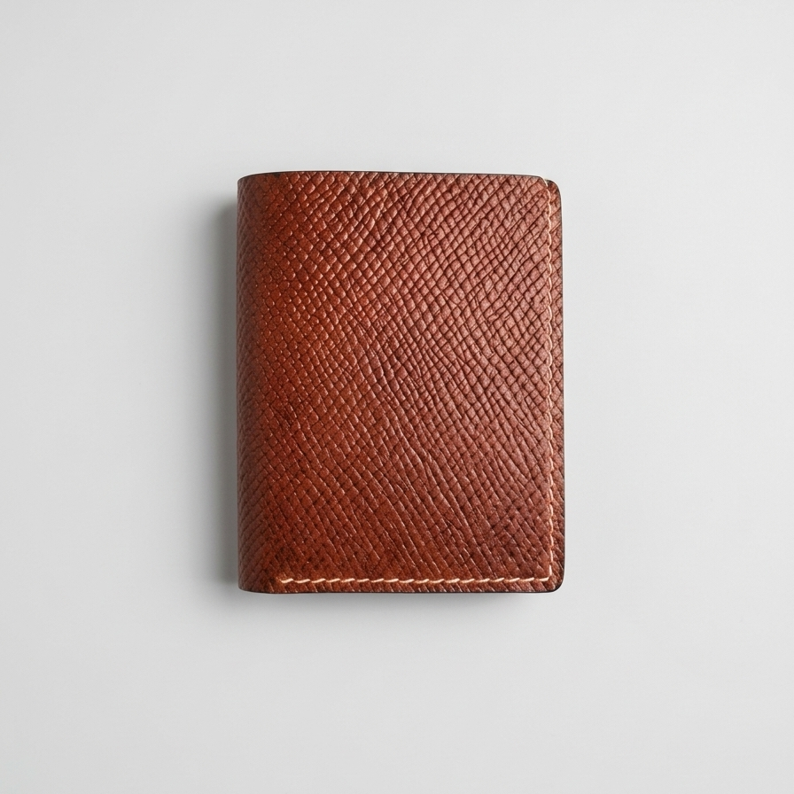 Brown leather wallet on a light gray background