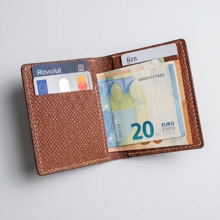 Brown leather wallet with currency and cards on a white background